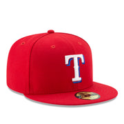 New Era Texas Rangers Red White 59FIFTY Fitted Hat front right angle view
