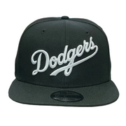 Front of New Era Los Angeles Dodgers Script Black 9Fifty Snapback Hat