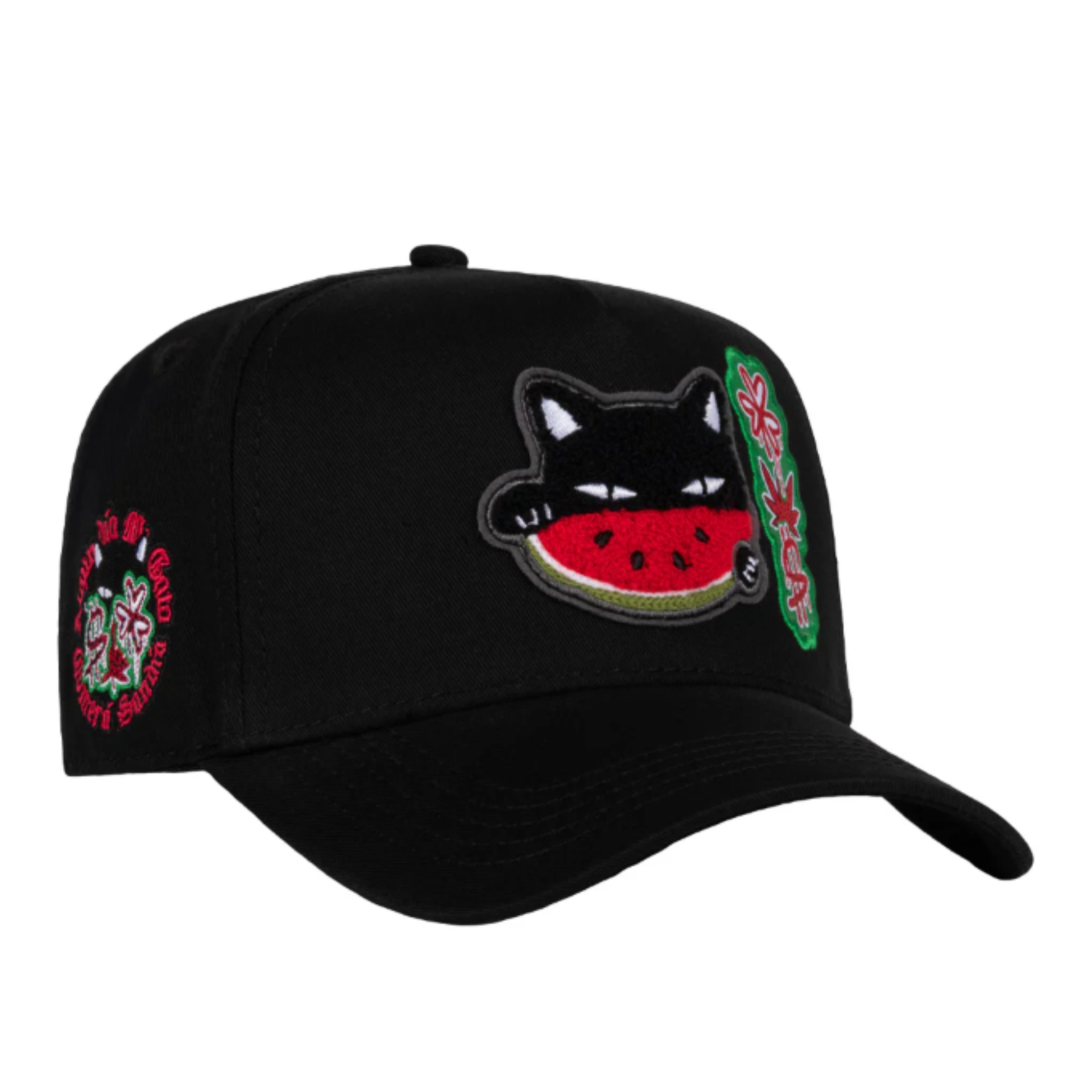 Side of JC Brand Watermelon Cat Black Snapback Hat