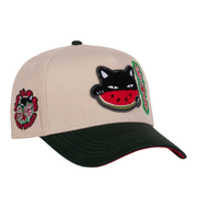 Side of JC Brand Watermelon Cat Black/Beige Snapback Hat 