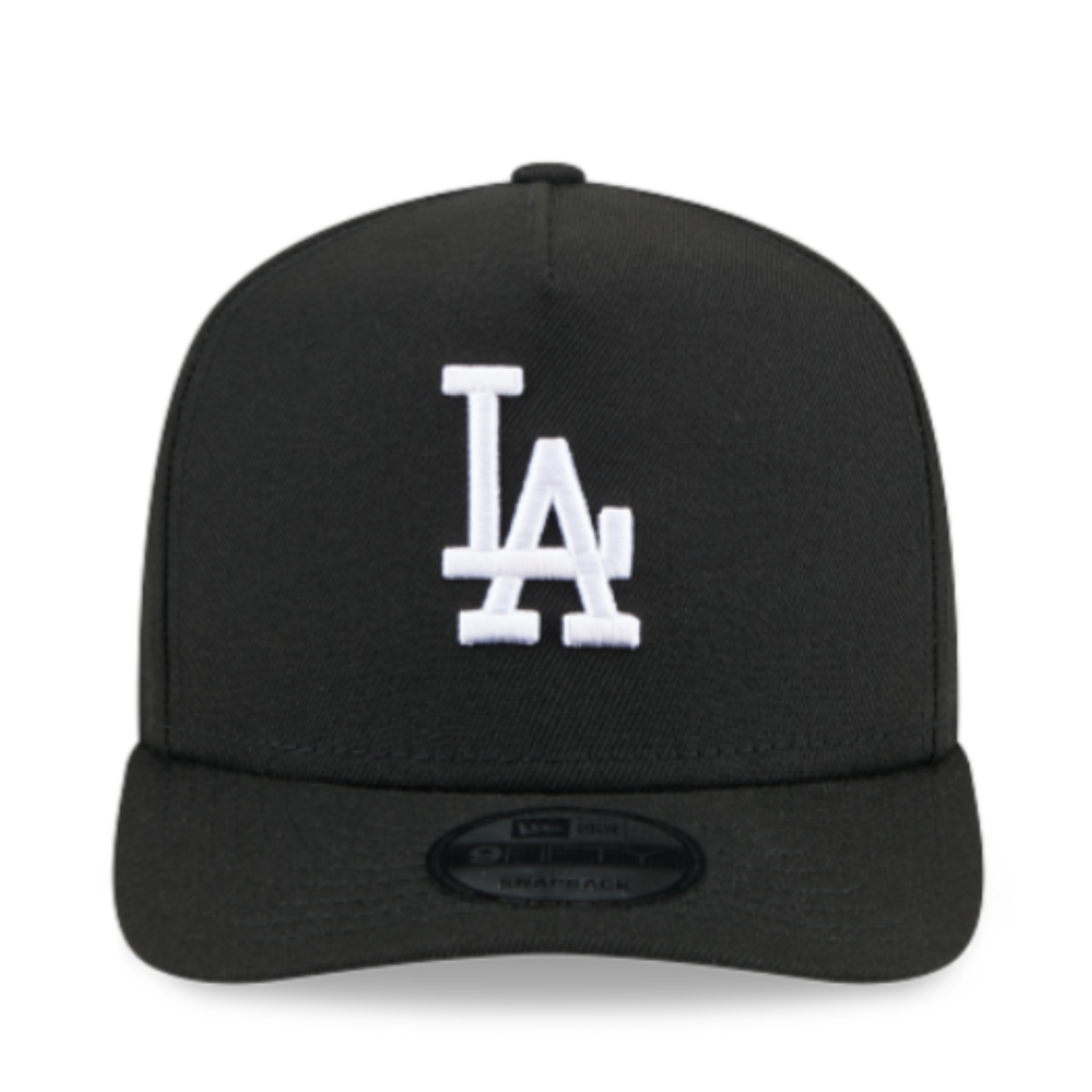 Front of Los Angeles Dodgers LA 9FIFTY A-Frame Curved Black White Snapback Hat