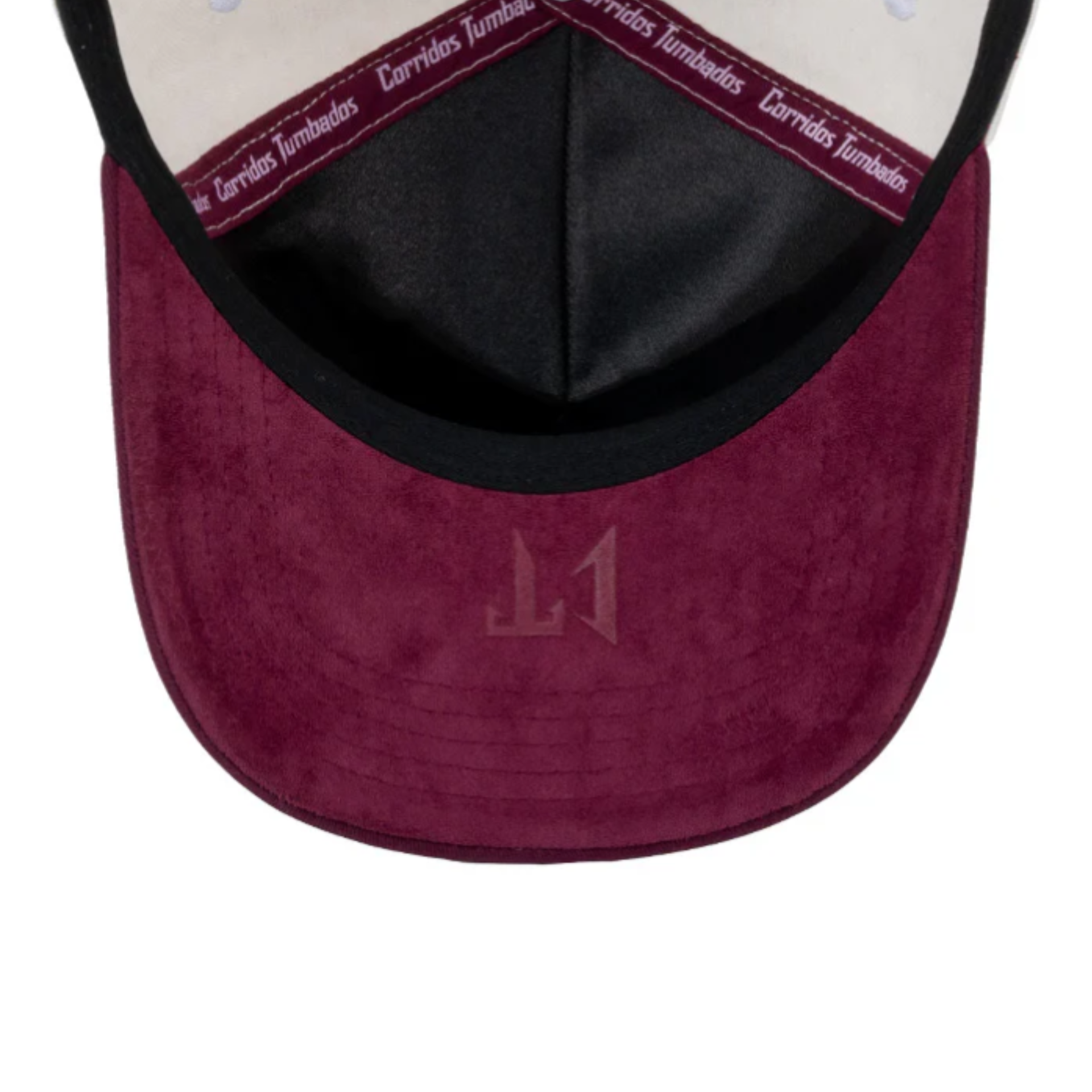 burgundy under visor of JC Brand Corridos Tumbados CT snapback hat in bone and burgundy color.