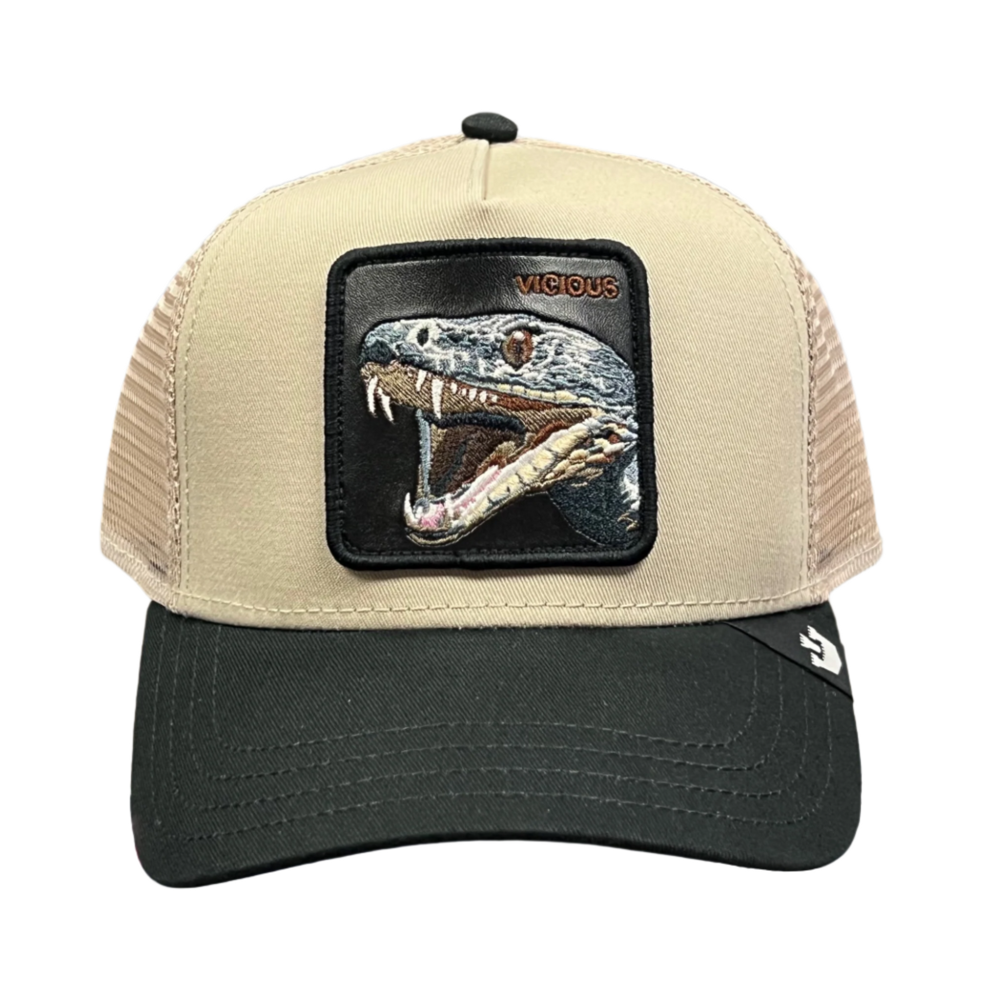 front side of goorin bros vicious snake ebony and black trucker snapback hat