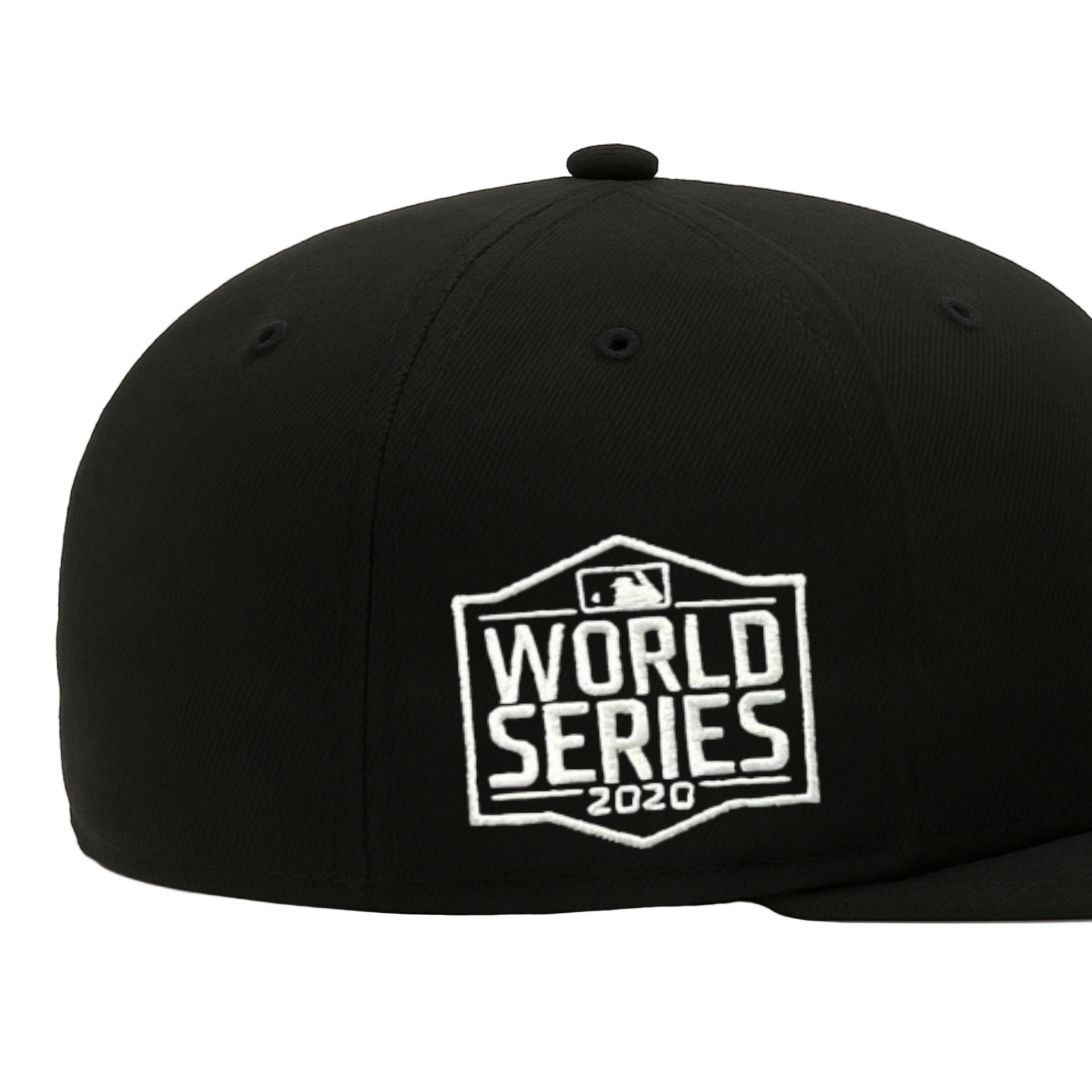 side patch of New Era Los Angeles Dodgers D Logo 2020 World Series Black 59FIFTY Fitted Hat