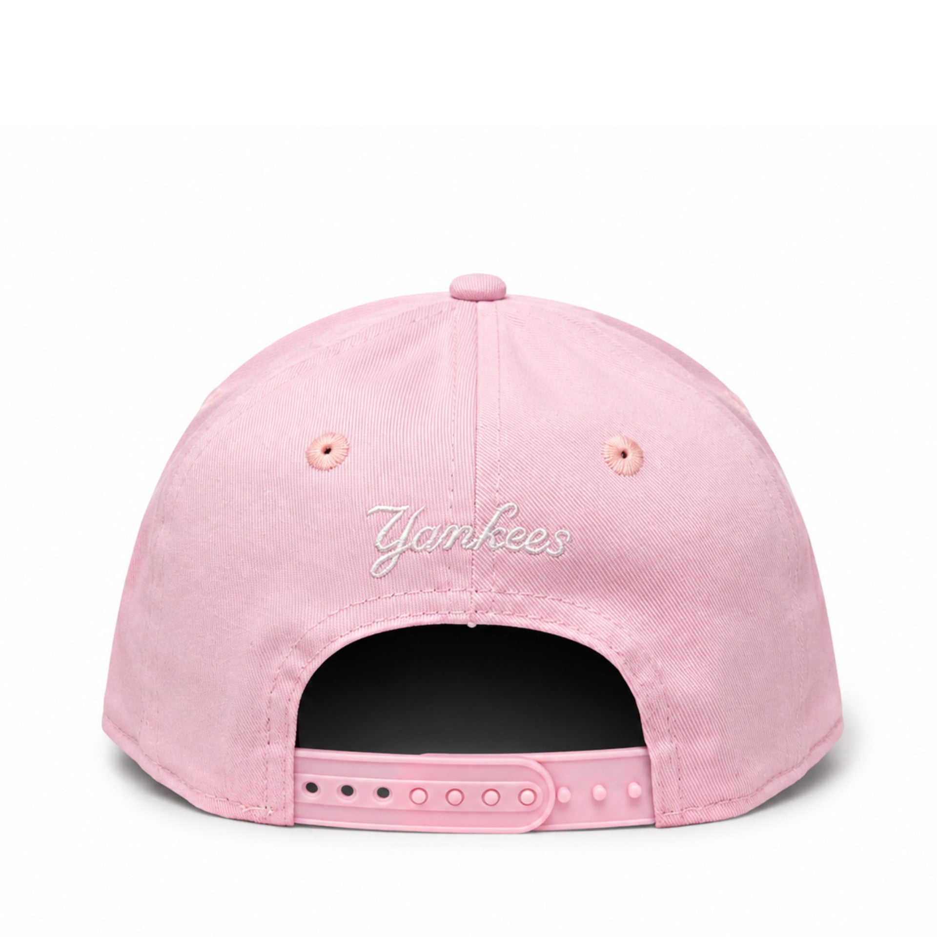 back view of Youth New York Yankees Pink 9FIFTY Snapback Cap with white embroidered NY logo and flat visor.