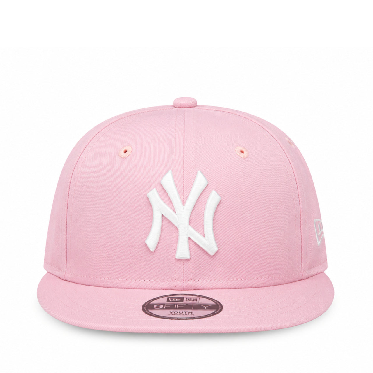front view of Youth New York Yankees Pink 9FIFTY Snapback Cap with white embroidered NY logo and flat visor.