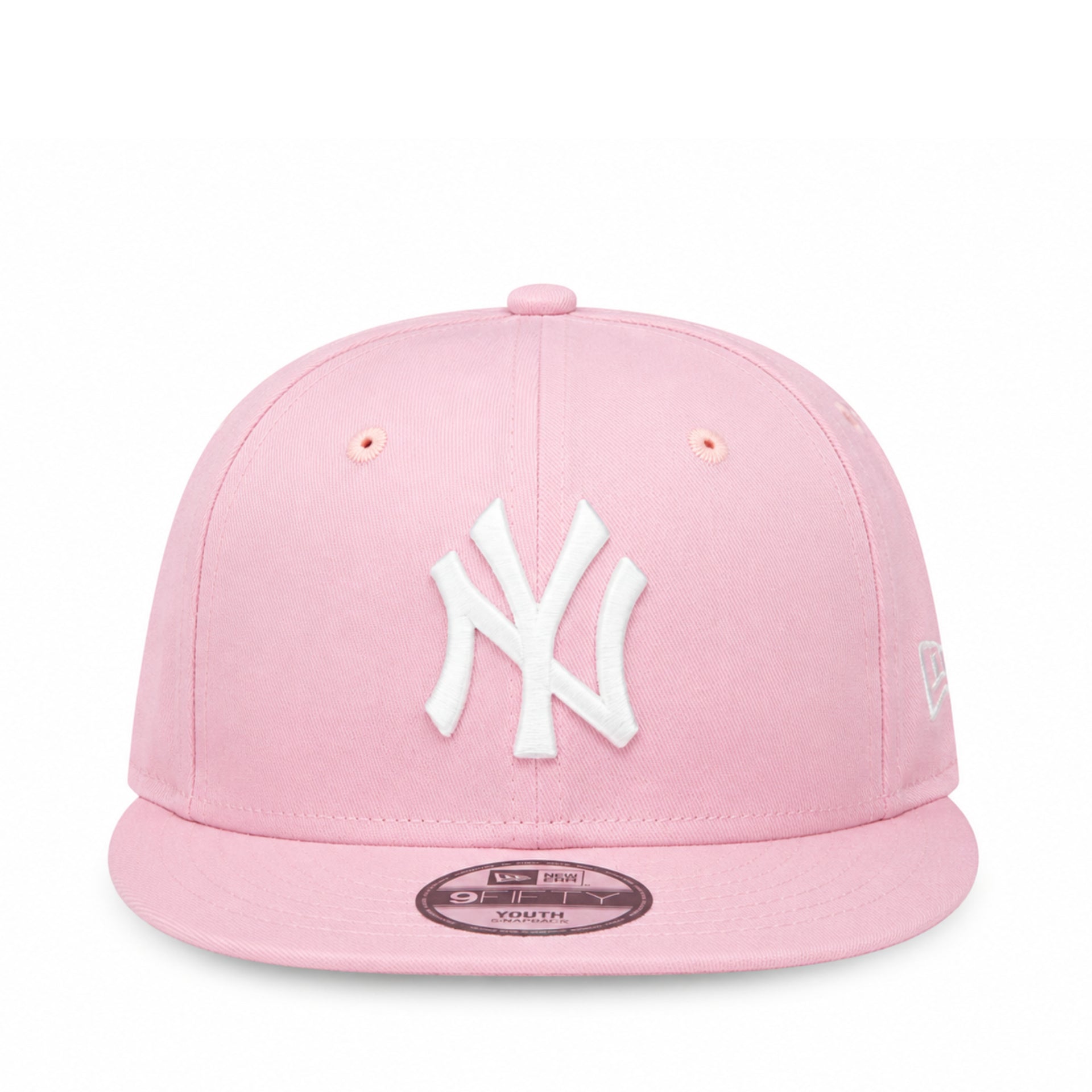 front view of Youth New York Yankees Pink 9FIFTY Snapback Cap with white embroidered NY logo and flat visor.