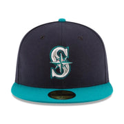 Front View of New Era Seattle Mariners 59FIFTY Fitted Cap Navy Teal